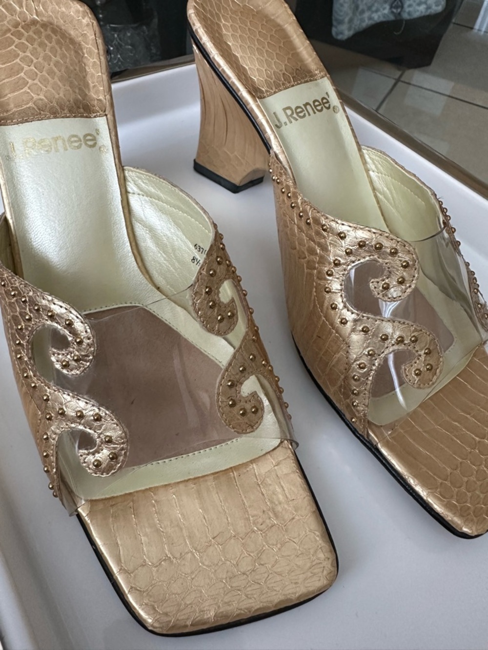 J.Renee Metallic Gold Clear Strap Mule Heels - Picture 2 of 10